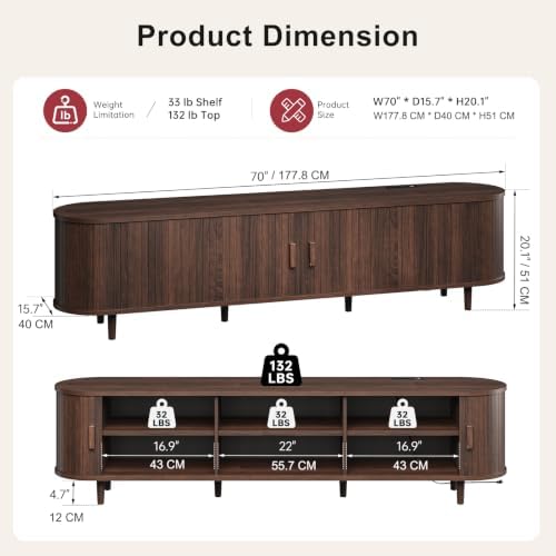 70" Mid Century Modern TV Stand, Wood TV Consoles with Sliding Doors and Power Outlet, Entertainment Center with Adjustable Shelves, Fluted TV Stands for Living Room, Walnut - Image 2