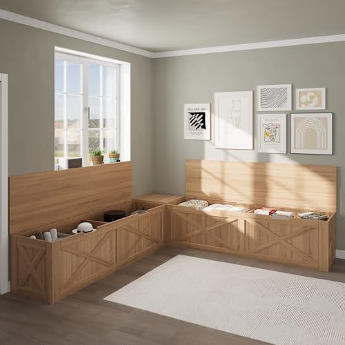 Bobve L-Shape Storage Bench with Cushion, Backless Corner Dining Bench, Kitchen Dining Nook Bench with Hidden Storage for Dining Room, Kitchen, Entryway (Wood+White) - Image 4