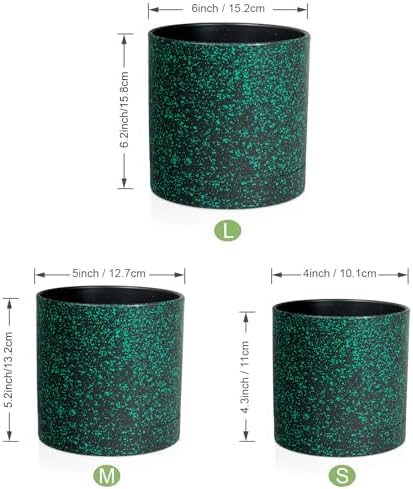 Meowell 6/5/4 inch Plant Pots, 3 Pack Cylinder Flower Pots for Small Indoor Outdoor Plants, Plastic Planters with Drainage Holes and Saucers for Garden Succulent Plants, Black with Green Speckles - Image 2