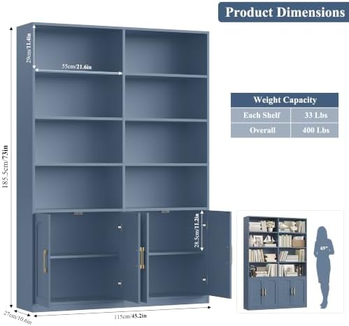FACBOTALL Bookshelf and Bookcase with Doors, Double Wide Large Bookshelves - Image 3