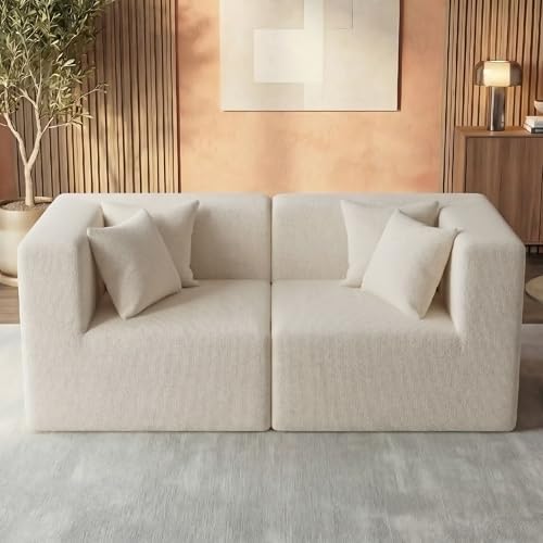 MONVANE 75" Loveseat Sofa, Comfy Chenille Modular Sectional Sofa with 4 Pillows, Modern Deep Seat Boneless Couch, 2 Seater Sofa for Living Room, Bedroom and Apartment, Beige - Image 6