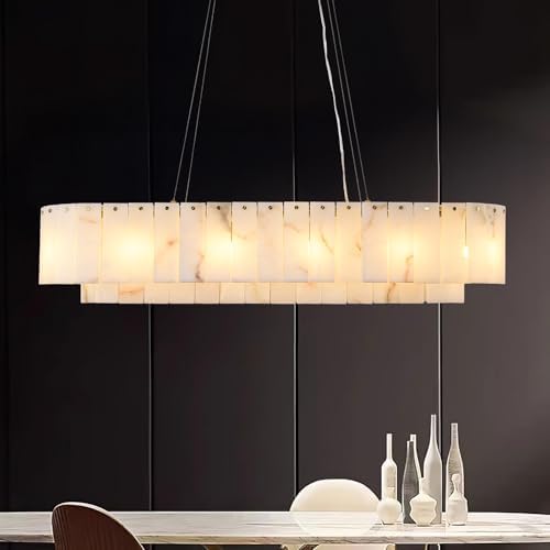L40in Alabaster Rectangular Chandelier for Dining Room, Modern White Marble Oval Chandeliers for Kitchen Island, Rectangle Chandelier for Dining Table (Dimmable Bulbs INCL) by Sucelating