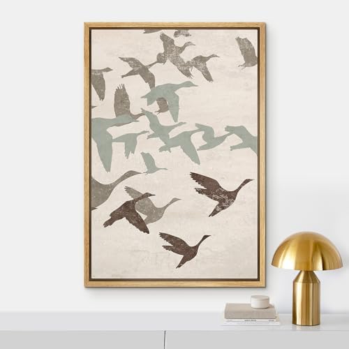 NWT Framed Canvas Print Wall Art Geese Flock in Neutral Tones Illustrations Modern Art Decorative Landscape Rustic Zen Colorful for Living Room, Bedroom, Office - 24"x36" Natural - Image 2