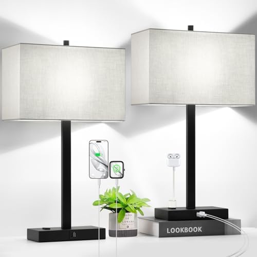 21" Touch Bedside lamps with 2 USB & AC Outlets, 3-Way Dimmable Bedside Table Lamps Set of 2 for Bedroom Living Room Office Reading, Gray Shade Lamps for Night Stands, 5000K LED Bulbs Included by BringBrightnesstoYourLife