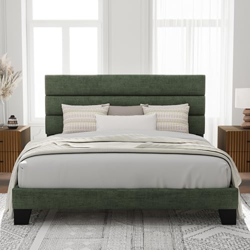 Allewie King Size Platform Bed Frame with Velvet Upholstered Headboard and Wooden Slats Support, Fully Upholstered Mattress Foundation/No Box Spring Needed/Easy Assembly, Green by Allewie