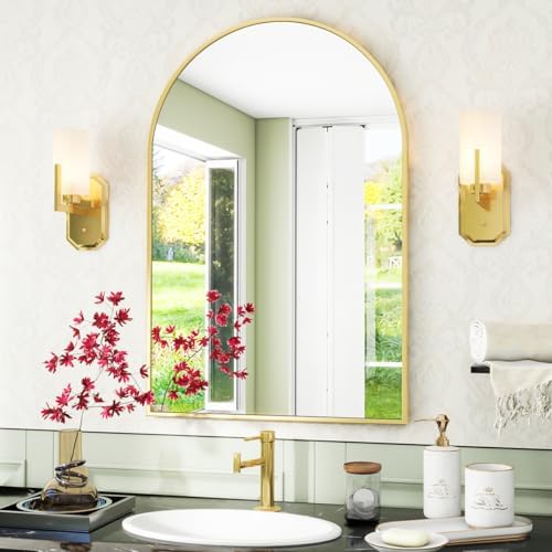 VooBang Arched Wall Mirror, 16 x 24 inch Arch Bathroom Mirror, Wall Mounted Vanity Mirror with Arch Metal Frame, Modern Bathroom Vanity Mirror for Bedroom, Living Room, Hanging or Leaning, Gold - Image 2