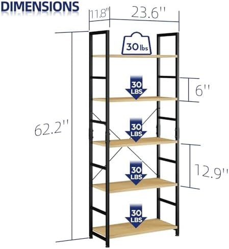 NUMENN 5 Tier Bookshelf, Tall Freestanding Open Storage Bookcase, Natural - Image 3