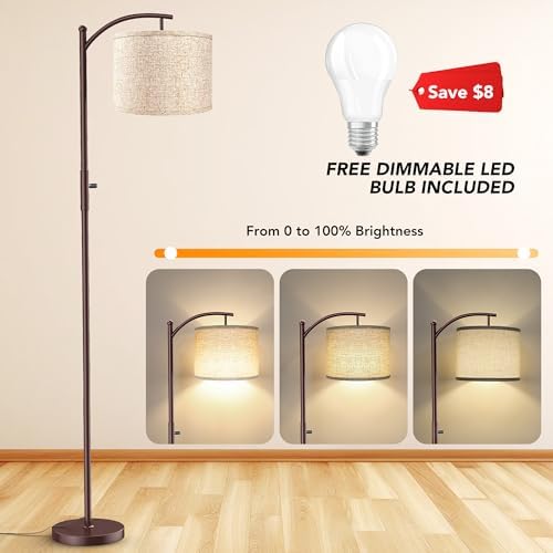 ROTTOGOON Dimmable Floor Lamp, Arc Floor Lamps for Living Room, Stepless Dimming Modern Standing Lamp with Linen Shade, Tall Lamp for Bedroom Office Dining Room- Brown - Image 3