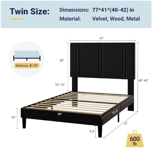 Allewie Twin Platform Bed Frame with Velvet Upholstered Headboard - Image 2