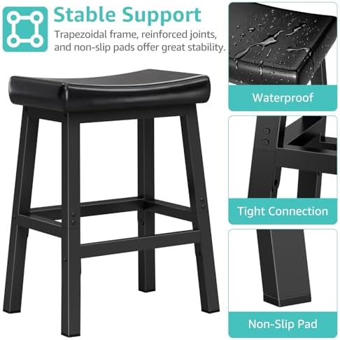WINAZ 24 Inch Bar Stools for Kitchen Island, Kitchen Chairs Counter Height Stools with Footrest, Black Saddle Leather Barstools Heavy Duty for Dining Table Farmhouse Outdoor, 1 PC - Image 7