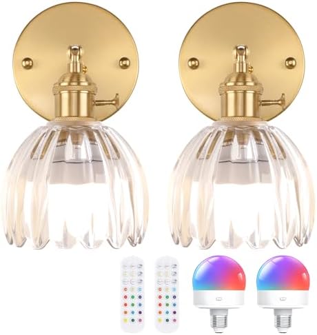 Shenmoyl Vintage Battery Operated Wall Sconce with Transparent Tulip Glass Lampshade Rechargeable Battery Powered Wall Light with Remote Control for Bedside Bedroom Doorway, Set of 2 by Shenmoyl