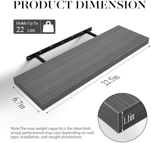 BAYKA Floating Shelves, 22.5" Wall Mounted Wood Shelves for Bathroom, Bedroom, Living Room, Kitchen, Hanging Shelf for Books/Storage/Decor (Grey,Set of 2) - Image 3