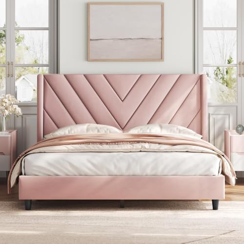 Yaheetech Queen Bed Frame with Chevron Channel-Tufted Headboard, Pink - Image 3