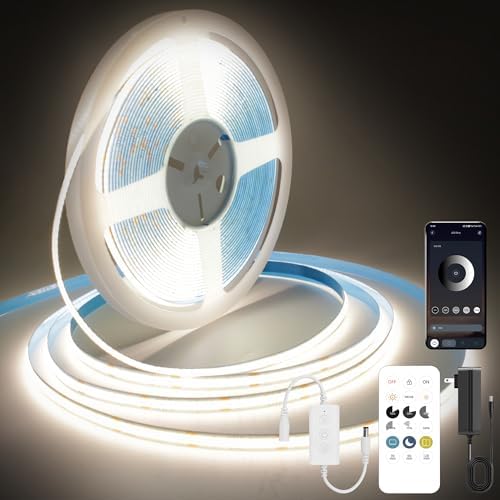 Pandery COB LED Strip Lights Natural White,24V Dimmable led Light Strip KIT with Remote and app Control,4000K 25FT/7.5m 8mmwide Ra>90 Cuttable Flexible Strip Lights for Bedroom,Wardrobe,Cabinet by PanderyCOBLightUPYourLife