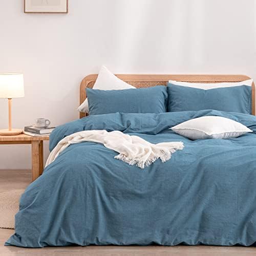 BESTOUCH Cotton Solid Duvet Cover Set Linen Feel Dark Blue California King by BESTOUCH
