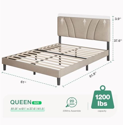 Novilla Queen Bed Frame with Headboard, Linen Upholstered Bed Frame Queen Size with Wood Slats Support, No Box Spring Needed, Heavy Duty Feet, Easy Assembly, Light Beige - Image 2