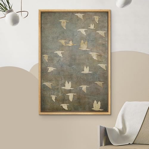 NWT Framed Canvas Print Wall Art Grunge Gold Flying Bird Collage Nature Wilderness Illustrations Modern Art Decorative Landscape Rustic Colorful for Living Room, Bedroom, Office - 16"x24" Natural - Image 3