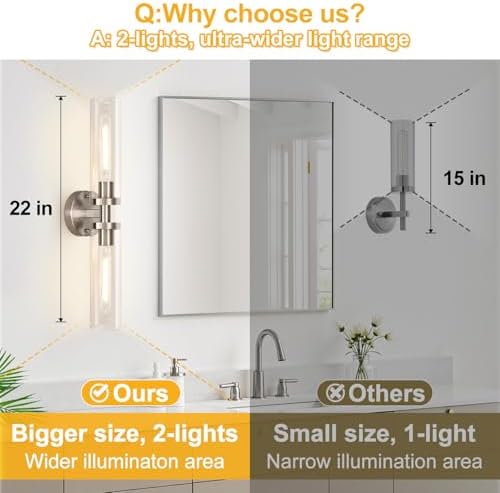 Indoi Brushed Nickel Wall Sconces, Hardwired Bathroom Sconces Vanity Light with Clear Glass, Modern Bathroom Vanity Lights fixtures for Mirror Bedroom Living Room Hallway Kitchen - Image 3