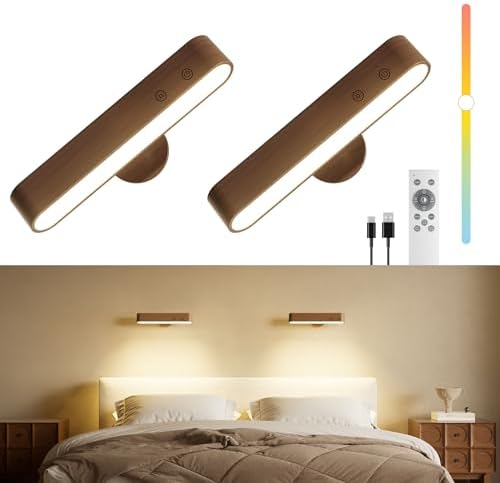 Rechargeable Wall Sconces Set of Two, Walnut Wood Battery Operated Wall Sconce, Magnetic Wall Lights for Bedroom with Remote & Touch Control, 15 RGB, 360° Rotatable Dimmable LED Wall Lamp 3 Color by WelcometoPopoIron
