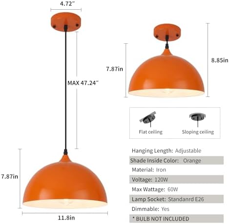 Orange Kitchen Pendant Lights,11.8inches 2 Packs Pendant Light, Farmhouse Pendant Light, Pendant Lights Kitchen Island for Living Room, Bedroom, Dinning Room - Image 6