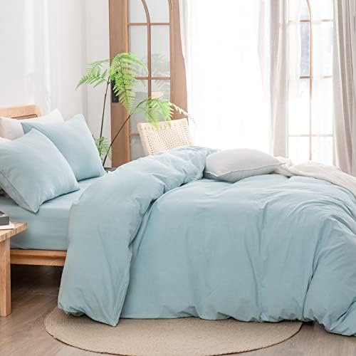 BESTOUCH Cotton Solid Duvet Cover Set Linen Feel Hushed Green Full - Image 3