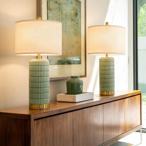 PoKat 25'' Bedside Table Lamps Set of 2 for Living Room with USB A&C Ports, Touch Lamps with 3-Way Dimmable Control for Bedroom, Farmhouse Green Lamps for Nightstand Office Hallway (Bulbs Included) - Image 4