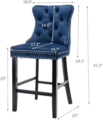 SoarFlash Modern Velvet Upholstered Bar Stools Set of 4 with Wood Legs, Button Tufted,Chrome Nailhead, Counterstool Seat, Armless Bar Chairs (Blue) - Image 2