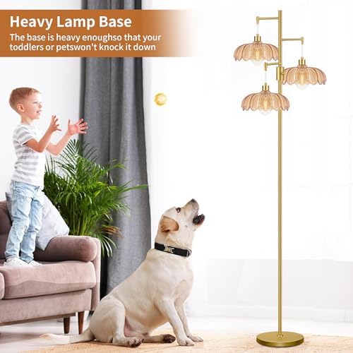 Dimmable Floor Lamp for Living Room Bedroom-3 Light Gold Floor Lamp with Glass Lampshape, Flower Tall Lamp Mid Century Modern Standing Lamp Glass Tree Floor Lamps for Living Room Bedroom,Corner - Image 3