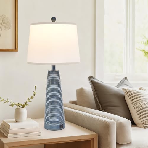 Terpsichore Nightstand Lamp Bedside Lamps Vintage Rustic Farmhouse Table Lamp 3 Way Dimmable Horizontal Stripe Light,for Living Room Bedroom,USB A+C (Navy Blue (Single-Pack), High 27 Inch) - Image 4