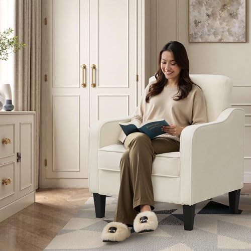 Accent Chairs Set of 2, Upholstered Living Room Chairs with Side Pockets, Mid Century Modern Reading Chair for Bedroom, Comfy Armchair Single Sofa Side Chair for Office, Small Room, Beige - Image 3