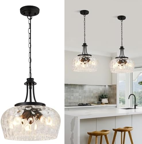 Modern Pendant Lights Kitchen Island, 3-Light Black Pendant Light Fixtures with 14.2" Clear Hammered Glass Shade, Industrial Hanging Pendant Lights Fixture for Kitchen Island, Dining Room, Entryway by BringBrightnesstoYourLife