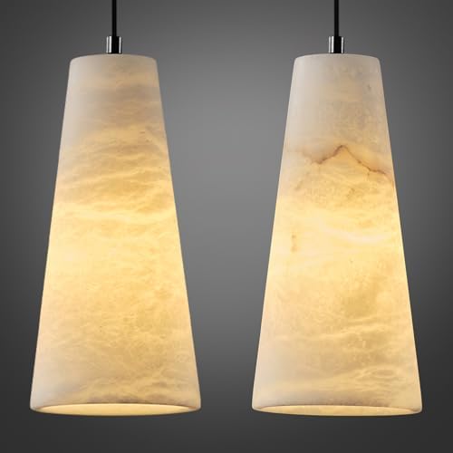 Alabaster Pendant Lights Kitchen Island 2 Pack, H-10in White Pendant Light Fixtures, Marble Conical Shade Black, Light Pendant for Bedroom Bathroom Dining Room Living Room (Dimmable Bulbs INCL) by OSRoyce