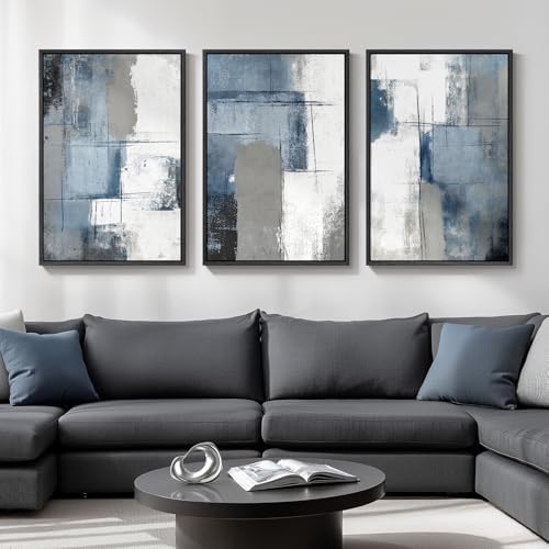 Large Framed Blue and Gray Modern Abstract Wall Art, 3 Piece Set, 20x30 In by Cuspin