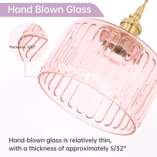 Shenmoyl Pendant Light with Pink Striped Glass Lmapshade, Brass Vintage Pendant Light Adjustable Hanging Light for Kitchen Island Dining Room Hallway - Image 3