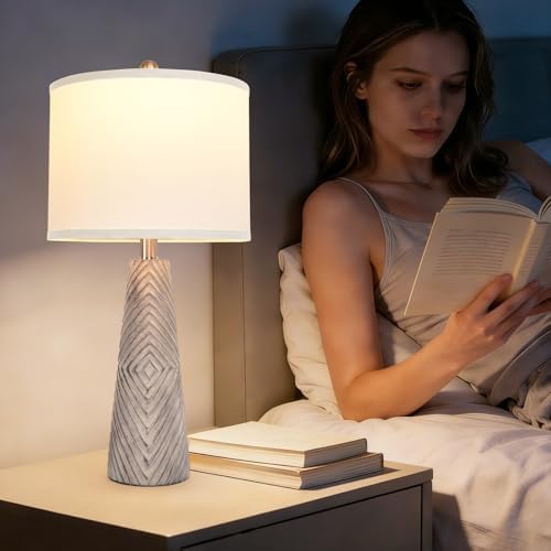 Terpsichore Nightstand Lamp Bedside Lamps Set of 2 Vintage Rustic Farmhouse Table Lamp 3 Way Dimmable Horizontal Stripe Light,for Living Room Bedroom,USB A+C (Gray, Hing 24 in) - Image 2