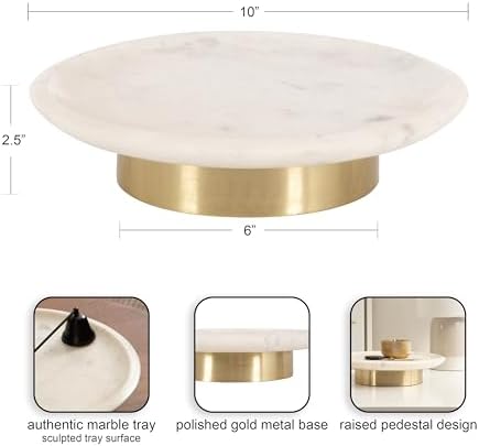 Kate and Laurel Sevienne Modern Glam Round Marble Tray, 10 Inch Diameter, White and Gold, Contemporary Scooped Pedestal Tray for Use as Entryway Tray Catchall or Small Coffee Table Tray - Image 2