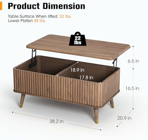JOINICE 38" Lift Top Coffee Table with Storage for Living Room,Walnut - Image 2