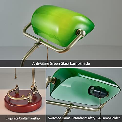 Bankers Lamp Traditional Green Glass Desk Lamp Solid Wood Pull Chain Switch - Image 5