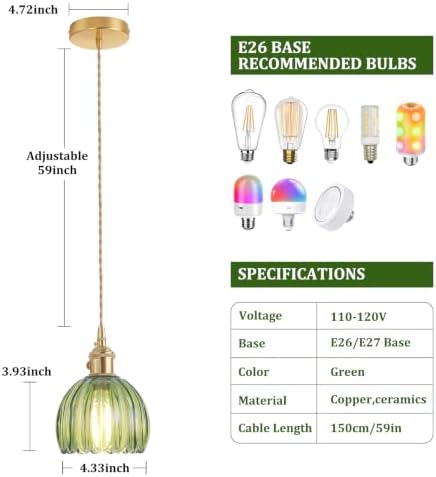 Shenmoyl Pendant Light with Green Tulip Glass Lmapshade, Brass Vintage Pendant Light Adjustable Hanging Light for Kitchen Island Dining Room Hallway - Image 6