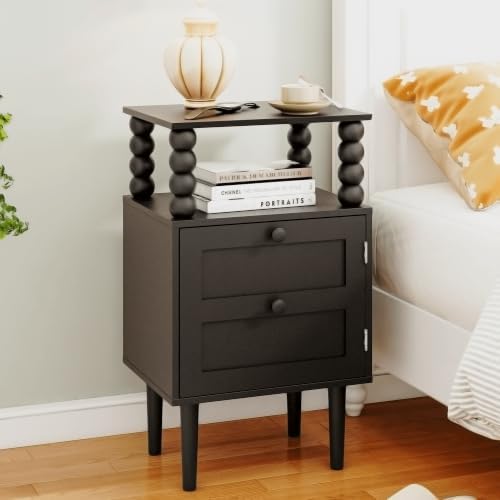 Nightstand with Storage Drawer and Open Wood Shelf,Solid Wood Legs (Black) by Unknown