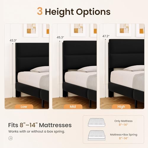 GRUSIGN Queen Size Platform Bed Frame with Velvet Headboard, Adjustable Height Wooden Slats Support, Upholstered Mattress Foundation, Fits Mattress or Mattress with Box Spring, Easy Assembly, Black - Image 3
