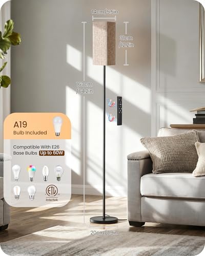 64.2” Dimmable Floor Lamp for Living Room with Remote and Foot Switch, Corner Floor Lamp for Bedroom, Includes 10W A19 Bulb, Modern Standing Tall Lamp, ETL Listed Beige and Black E17LD05 - Image 5
