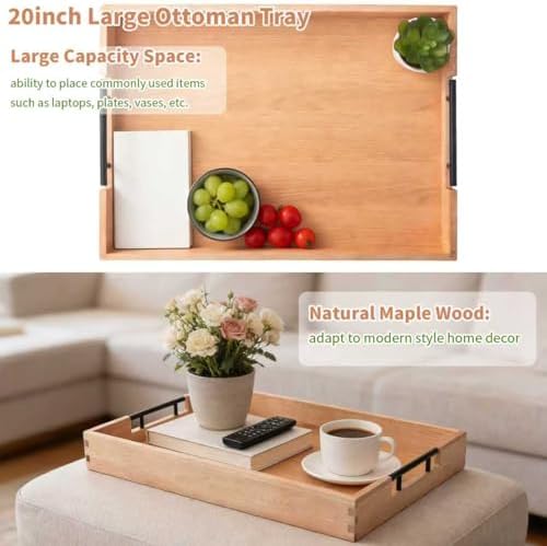Large Ottoman Tray, 20"x14" Rectangular Trays for Big Ottoman, Maple Wooden Serving Tray with Metal Handles, Wood Serving Tray Counter Kitchen, Living Room Coffee Table Decor Organizer - Image 2