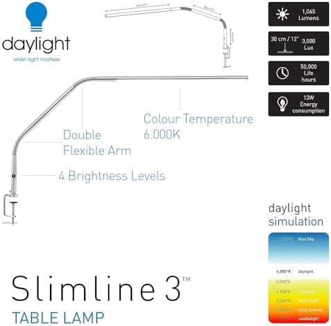 daylight Company, LLC U35108 Slimline 3 Table Lamp-LED-80 CRI-Eye Care-4 Brightness Levels, 3,000 LUX at 30 cm, 1,065 LUMENS-4 Step DIMMER Mode, Brushed Steel, 25.6 x 30 x 0.8 - Image 2