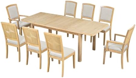 9-piece Rustic Extendable Dining Table Set with 24'' Removable Leaf, 6 Upholstered Rivet Decoration Armless Dining Chairs and 2 Arm Chairs, Wood Kitchen Dining Set for 8, Curved Top (Natural-9S) - Image 4