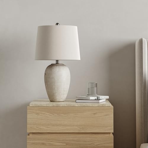 Nourison Home 23" Distressed Cream/Beige Rustic Ceramic Jar Table Lamp for Bedroom, Living Room, Dining Office, with Ivory Shade by NourisonHome