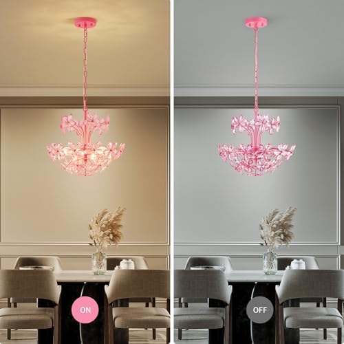 WUZUPS Crystal Chandelier Pendant Flushmount Ceiling Light Modern Lighting Fixture for Bedroom Hallway Bar Kitchen Bathroom, H 15.7" x W 17.7", Pink, E12 Base - Image 4