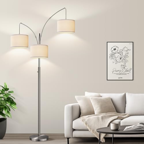 Dimmable Floor Lamp, 3 Lights Sliver Arc Floor Lamp, Modern Tall Standing Tree Lamp with White Linen Shades & Heavy Base, 3000LM LED Bulbs, Bright Lighting for Living Room, Bedroom, Office & Reading by Nintiue