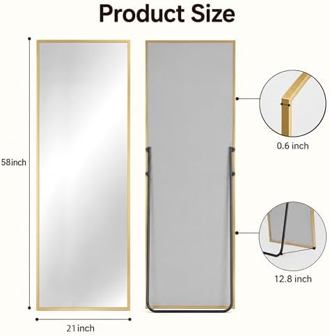Antok Full Length Mirror, 58"x21" Floor Mirror with Stand, Gold, Rect - Image 7