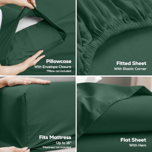 Queen Sheets Set, 4 Pieces 16" Deep Pocket Bed Sheets, Emerald Green - Image 3
